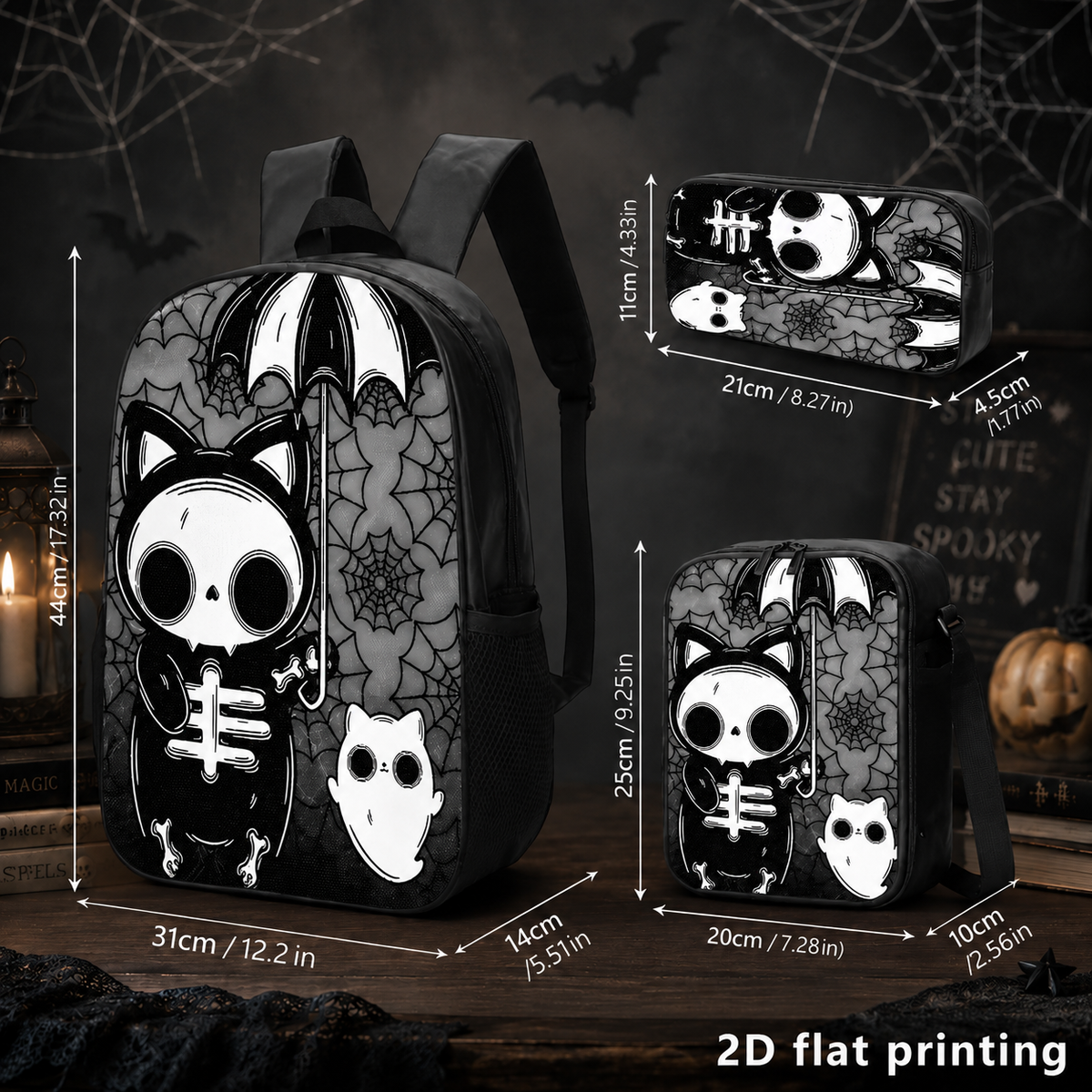 Halloween Gothic Skeleton Cat Backpack Set – 1/2/3PCS Backpack, Crossbody Bag & Pencil Case