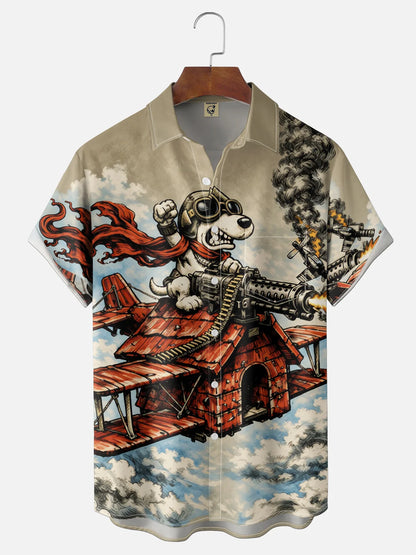 Moisture-Wicking Abstract Airplane & Dog Pattern and Chest Pocket Holiday Hawaiian Shirt