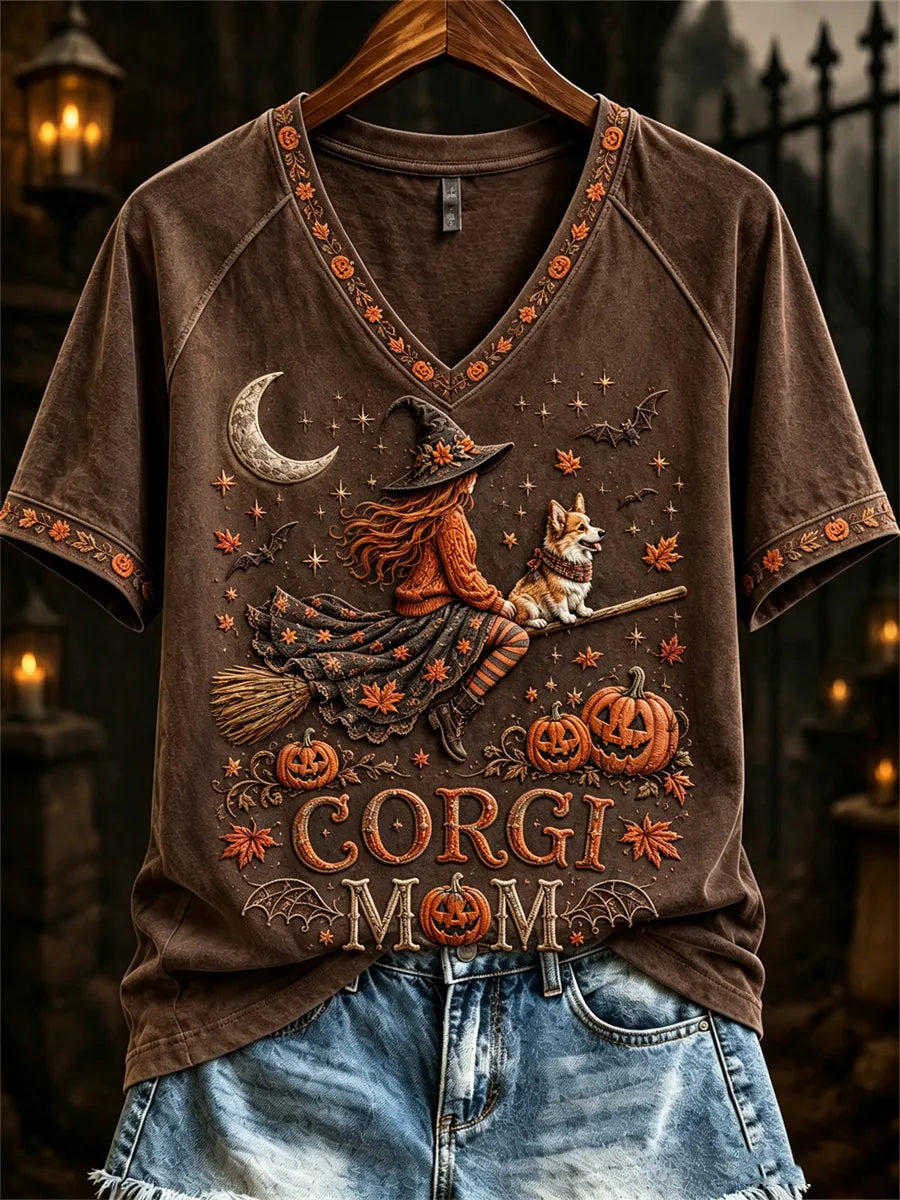 Women's Halloween Fall Corgi Mom Witch & Dog Print short-sleeved T-shirt