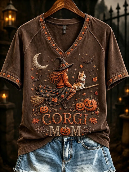 Women's Halloween Fall Corgi Mom Witch & Dog Print short-sleeved T-shirt