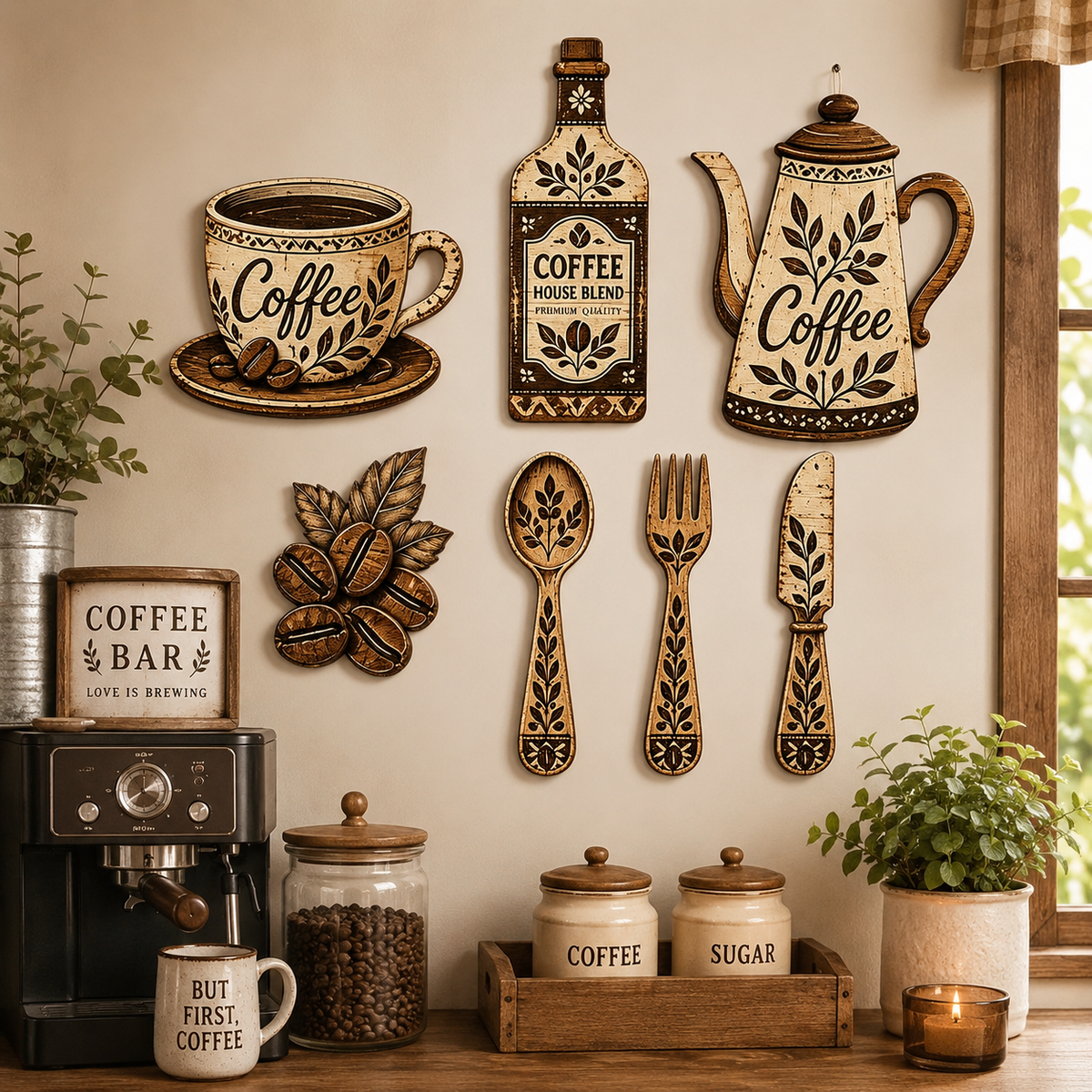 7-Piece Rustic Coffee Wall Art Set – Farmhouse Kitchen and Café Decoration