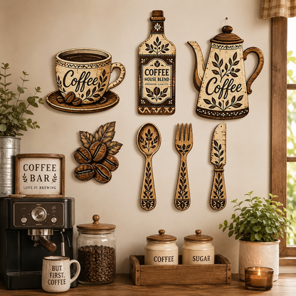 7-Piece Rustic Coffee Wall Art Set – Farmhouse Kitchen and Café Decoration