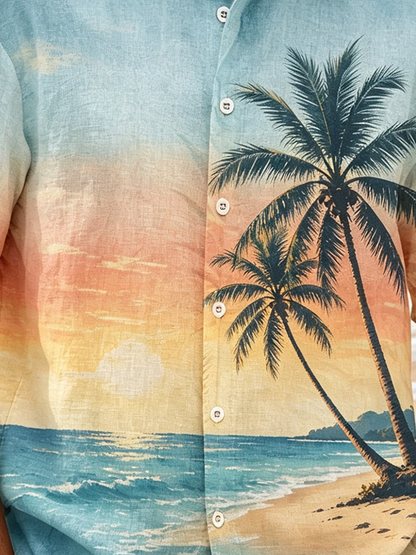 Linen-Texture Tropical Coconut Tree Print Chest Pocket Holiday Hawaiian Shirt
