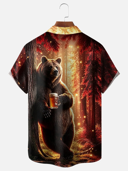 Moisture-wicking Brown Bear Fun Beer Chest Pocket Hawaiian Shirt