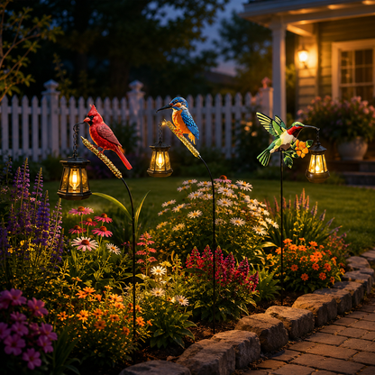 Solar Bird Garden Stake Light - Cardinal, Hummingbird & Kingfisher Outdoor Yard Decor