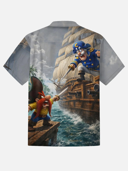 Moisture-Wicking Gradient-Color Dueling Pirates & Sailboats Design  Chest Pocket Hawaiian Shirt