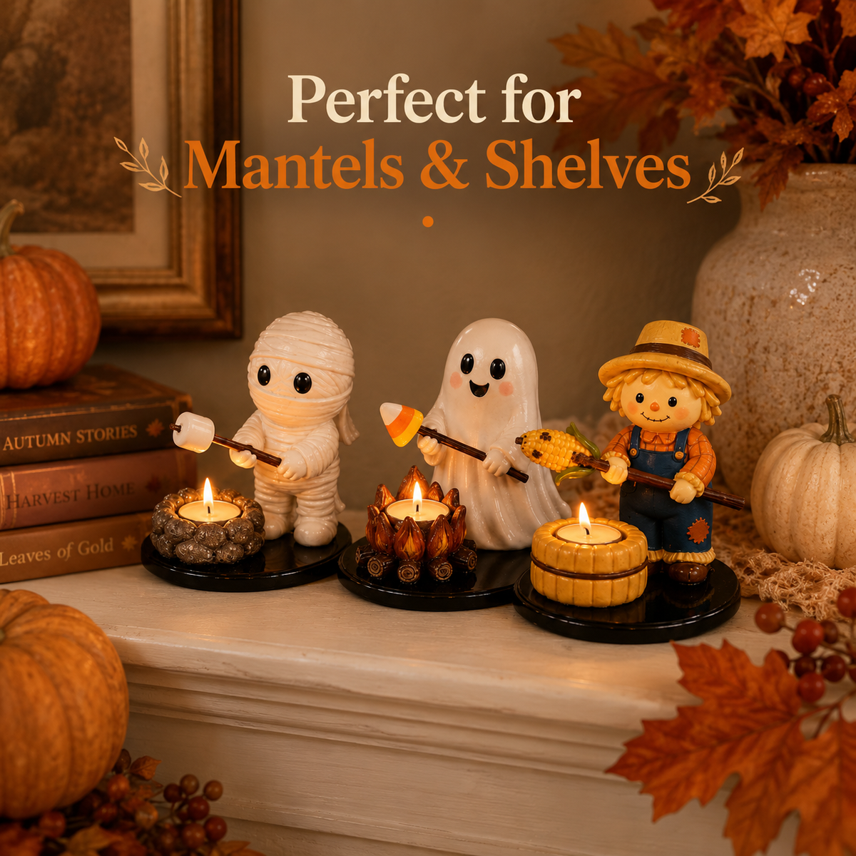 Halloween Campfire Tealight Holder Collection - Cute Ghost, Mummy & Scarecrow Tabletop Decor