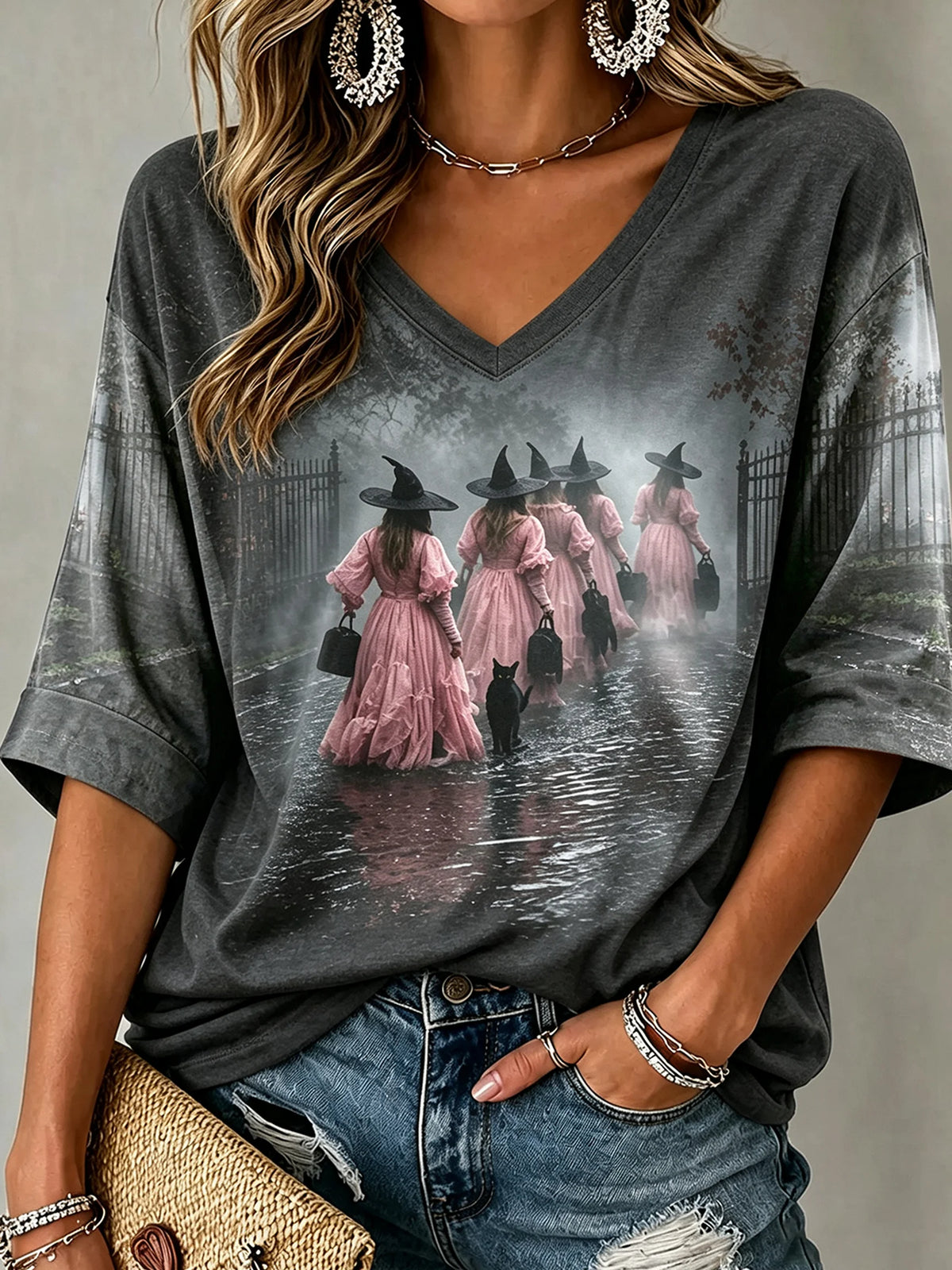 Women's Mysterious Witch and Black Cat Print Top