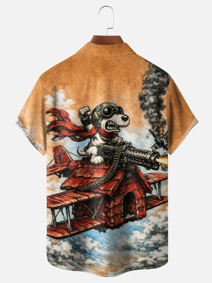 Moisture-Wicking Abstract Airplane & Dog Pattern and Chest Pocket Holiday Hawaiian Shirt
