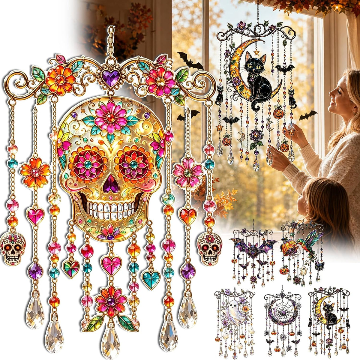 Halloween Crystal Wind Chime – Spooky Ghost, Pumpkin & Moon Hanging Decor for Porch, Garden & Window