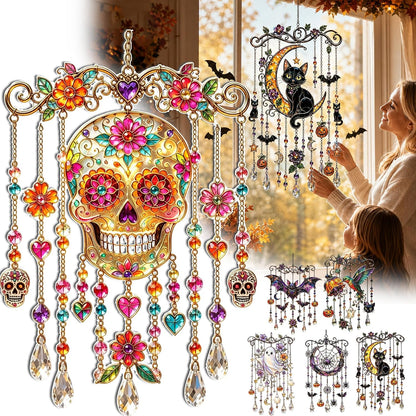 Halloween Crystal Wind Chime – Spooky Ghost, Pumpkin & Moon Hanging Decor for Porch, Garden & Window