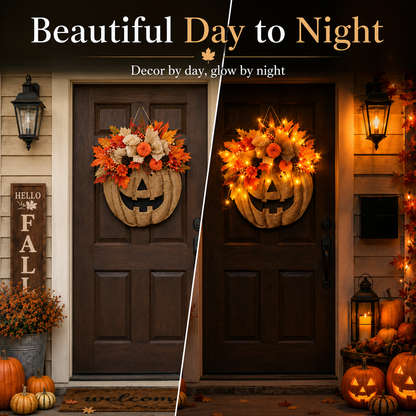 Lighted Burlap Pumpkin Wreath - Farmhouse Fall Halloween Door Decor