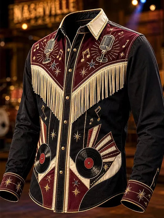 Men's Vintage Western Vinyl Record Fringe And Microphone Print Long Sleeve Shirt