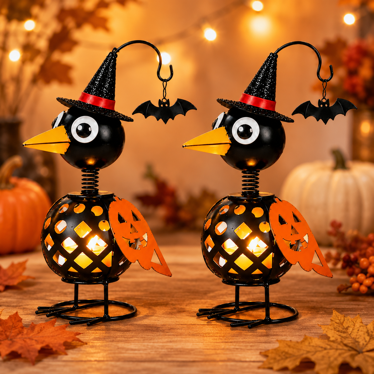 Halloween Crow Candle Holder – Metal Witch Bird Lantern with Pumpkin Wing & Hanging Bat
