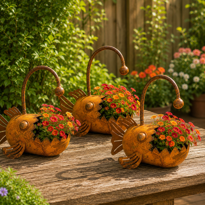 Rustic Metal Fish Planter – Whimsical Anglerfish Flower Pot for Home, Garden & Patio Decor