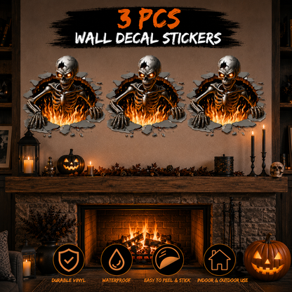 Halloween Skeleton Wall Sticker – 3D Broken Wall Flame Skull Decal for Home, Door & Window Decor