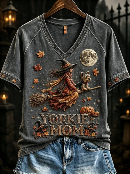 Women's Halloween Fall Yorkie Mom Witch & Dog Print short-sleeved T-shirt