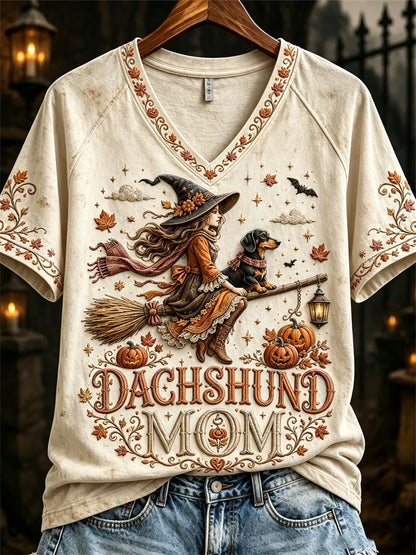 Women's Halloween Fall Dachshund Mom Witch & Dog Print short-sleeved T-shirt