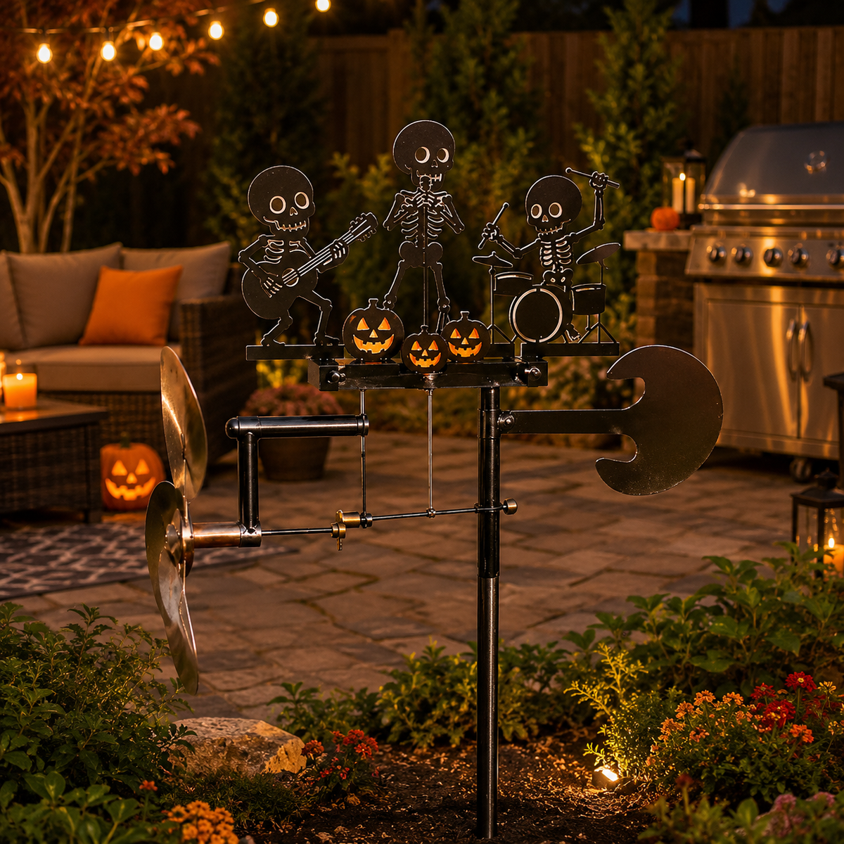 Halloween Skeleton Band Kinetic Wind Spinner - Metal Outdoor Garden Stake Decoration