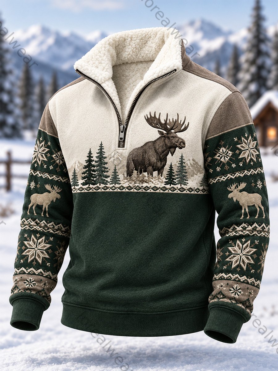 Men's Winter Moose Print Casual Plush Stand Collar Shirt