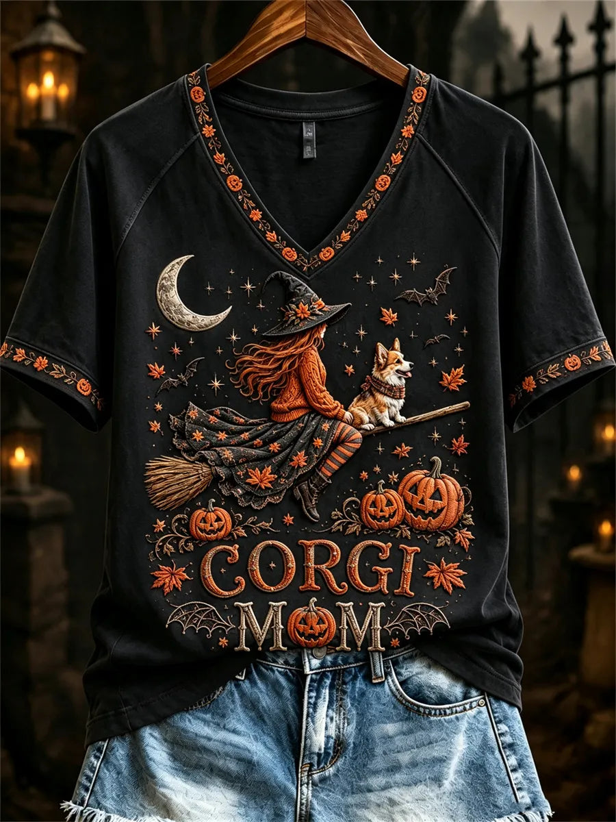 Women's Halloween Fall Corgi Mom Witch & Dog Print short-sleeved T-shirt