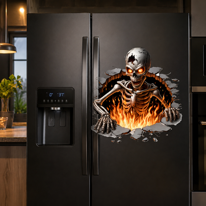 Halloween Skeleton Wall Sticker – 3D Broken Wall Flame Skull Decal for Home, Door & Window Decor