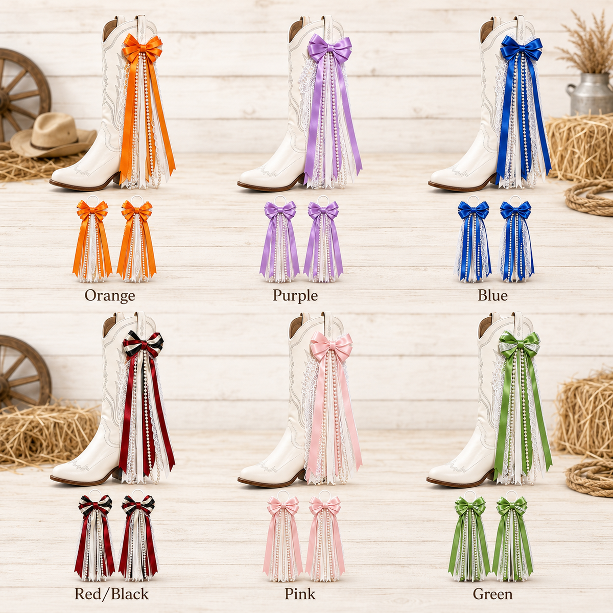 Pair of Pearl and Lace Bows for Cowboy Boots – Detachable Western Boot Accessories for Women