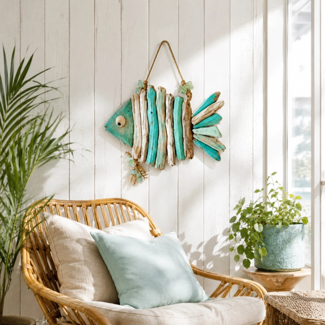 Lighted Coastal Driftwood Fish Wall Decor – Rustic Beach House Hanging Decoration