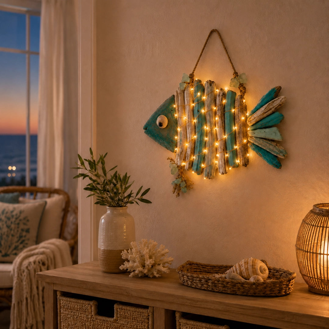 Lighted Coastal Driftwood Fish Wall Decor – Rustic Beach House Hanging Decoration