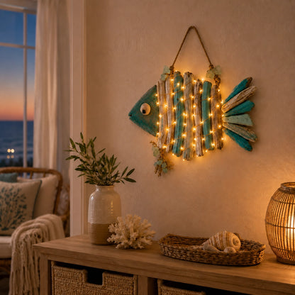 Lighted Coastal Driftwood Fish Wall Decor – Rustic Beach House Hanging Decoration