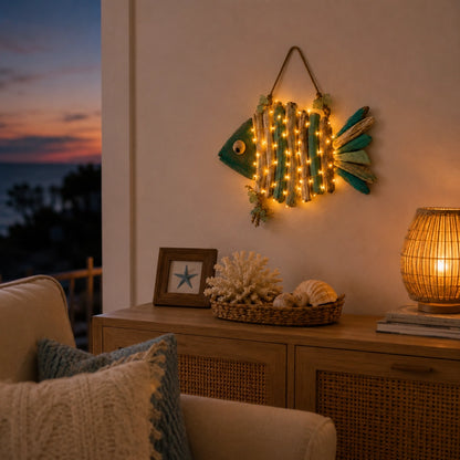 Lighted Coastal Driftwood Fish Wall Decor – Rustic Beach House Hanging Decoration