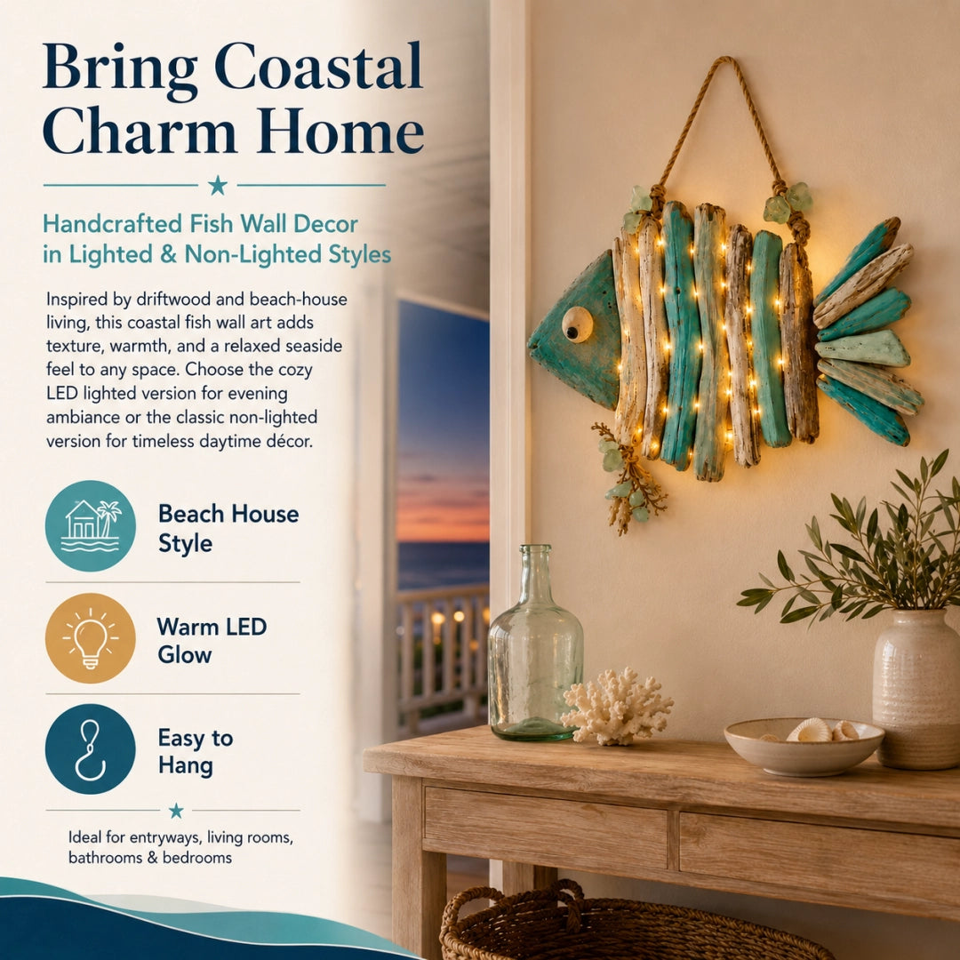 Lighted Coastal Driftwood Fish Wall Decor – Rustic Beach House Hanging Decoration