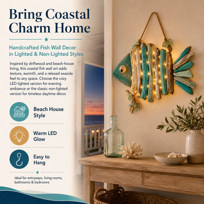 Lighted Coastal Driftwood Fish Wall Decor – Rustic Beach House Hanging Decoration
