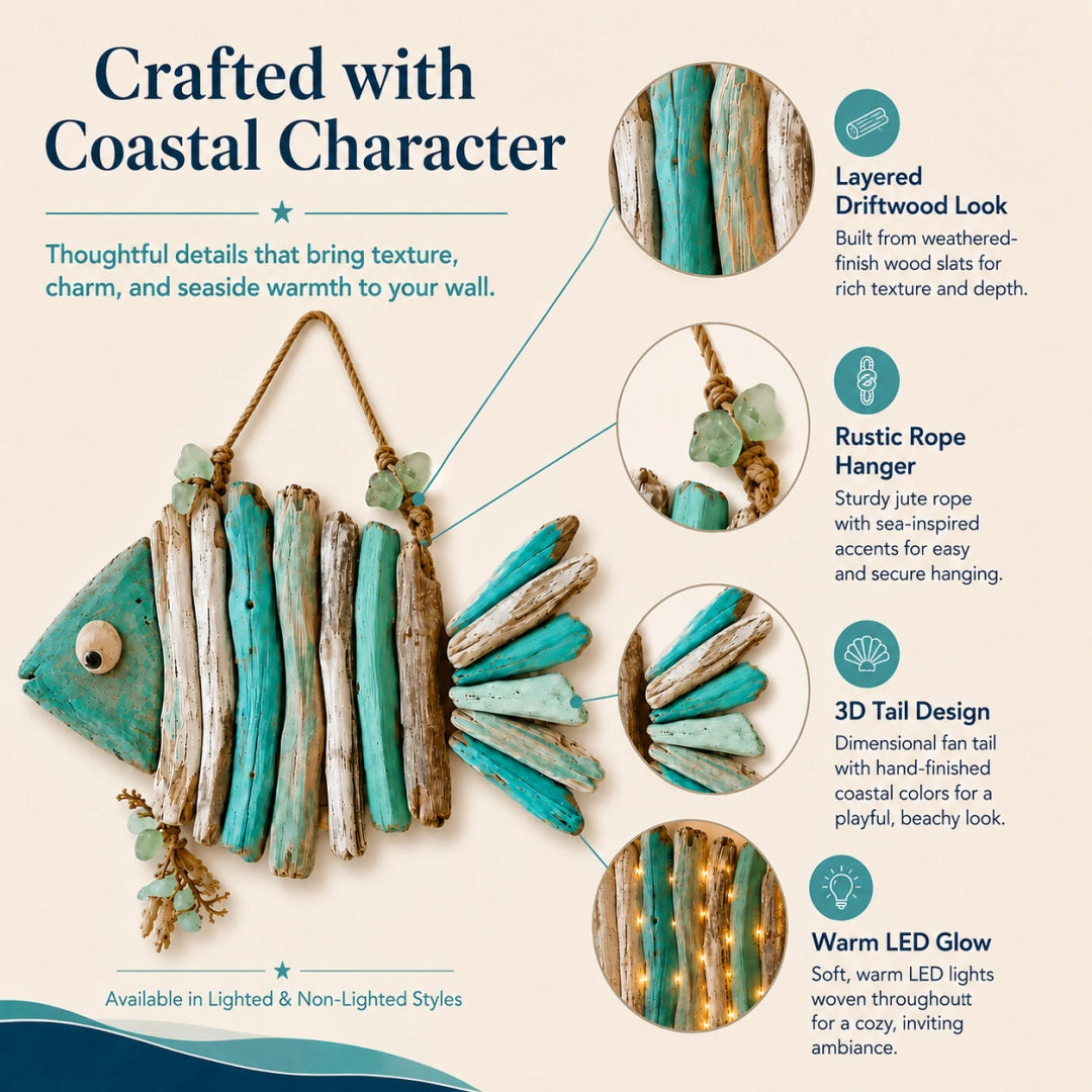 Lighted Coastal Driftwood Fish Wall Decor – Rustic Beach House Hanging Decoration