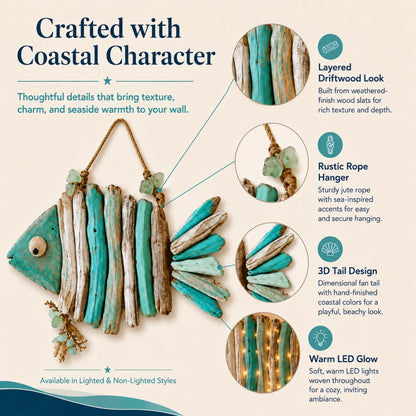 Lighted Coastal Driftwood Fish Wall Decor – Rustic Beach House Hanging Decoration