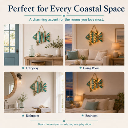 Lighted Coastal Driftwood Fish Wall Decor – Rustic Beach House Hanging Decoration