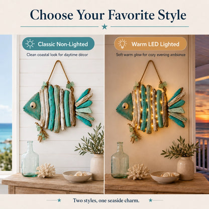 Lighted Coastal Driftwood Fish Wall Decor – Rustic Beach House Hanging Decoration