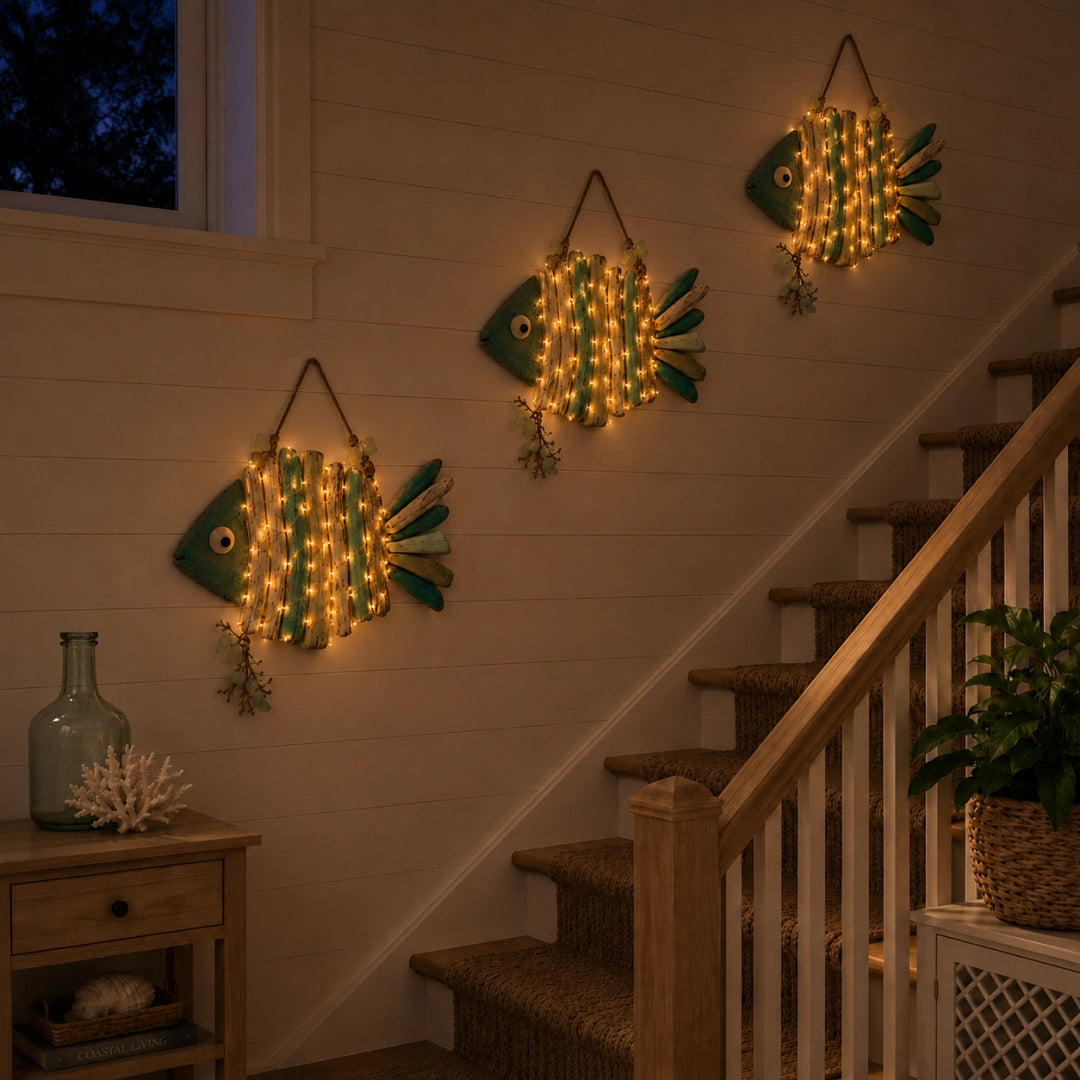 Lighted Coastal Driftwood Fish Wall Decor – Rustic Beach House Hanging Decoration