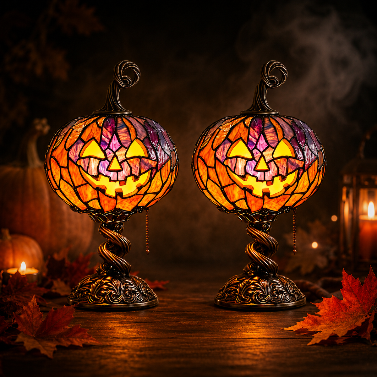 Stained Glass Pumpkin Table Lamp – Vintage Halloween Jack-O’-Lantern Night Light
