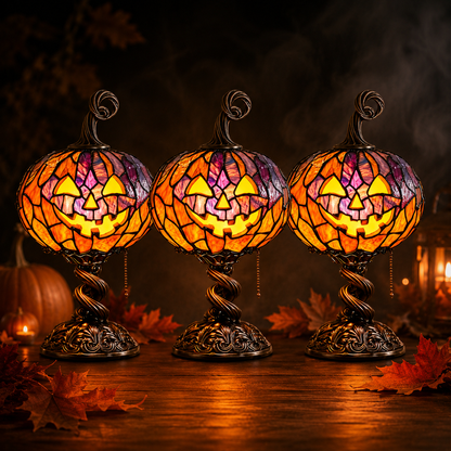 Stained Glass Pumpkin Table Lamp – Vintage Halloween Jack-O’-Lantern Night Light