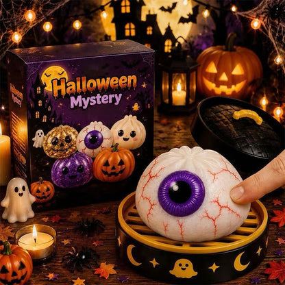Halloween Glitter Dumpling Squishy Toy - Pumpkin Stress Ball with Spooky Steamer Tray