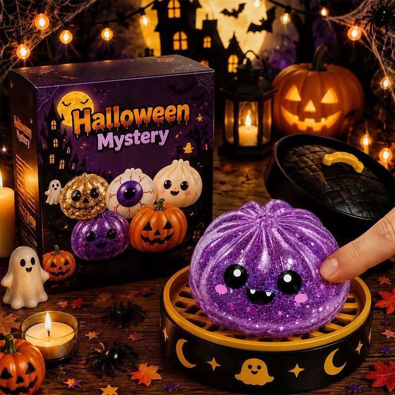Halloween Glitter Dumpling Squishy Toy - Pumpkin Stress Ball with Spooky Steamer Tray