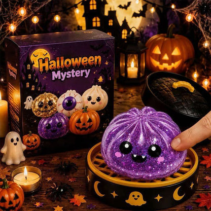 Halloween Glitter Dumpling Squishy Toy - Pumpkin Stress Ball with Spooky Steamer Tray