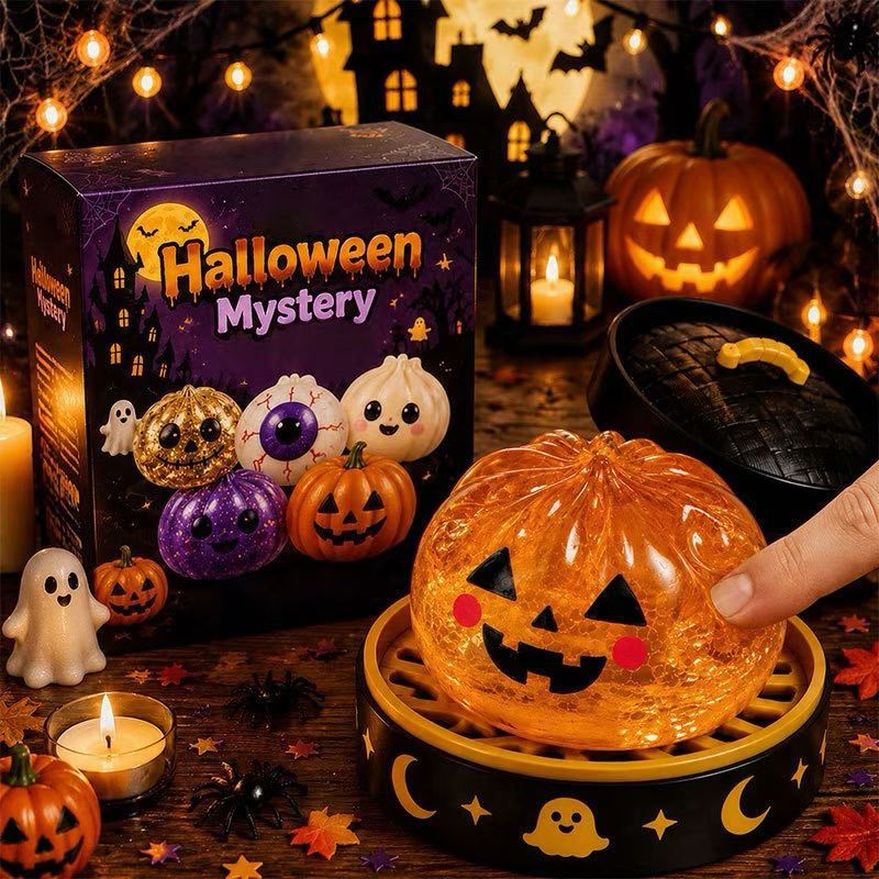Halloween Glitter Dumpling Squishy Toy - Pumpkin Stress Ball with Spooky Steamer Tray
