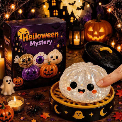 Halloween Glitter Dumpling Squishy Toy - Pumpkin Stress Ball with Spooky Steamer Tray