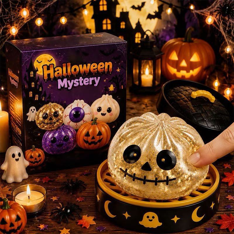 Halloween Glitter Dumpling Squishy Toy - Pumpkin Stress Ball with Spooky Steamer Tray