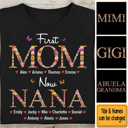 Personalisiertes Geschenk für Oma, erste Mama, jetzt Oma, Blumenmuster-Shirt – Kapuzenpullover – Sweatshirt