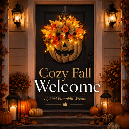 Lighted Burlap Pumpkin Wreath - Farmhouse Fall Halloween Door Decor