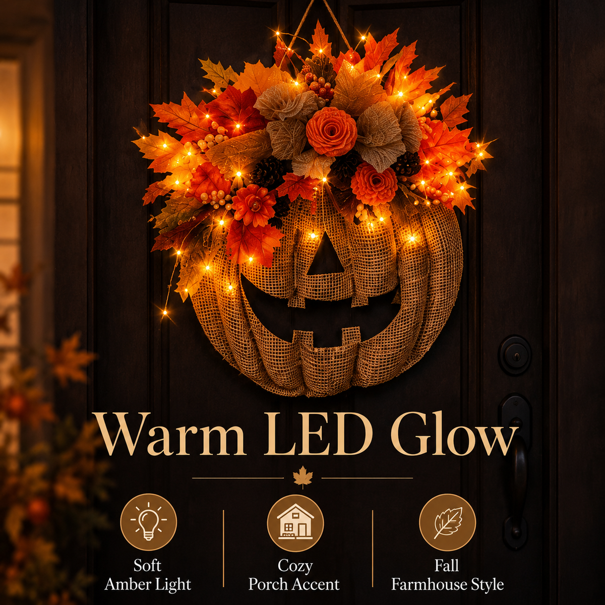 Lighted Burlap Pumpkin Wreath - Farmhouse Fall Halloween Door Decor