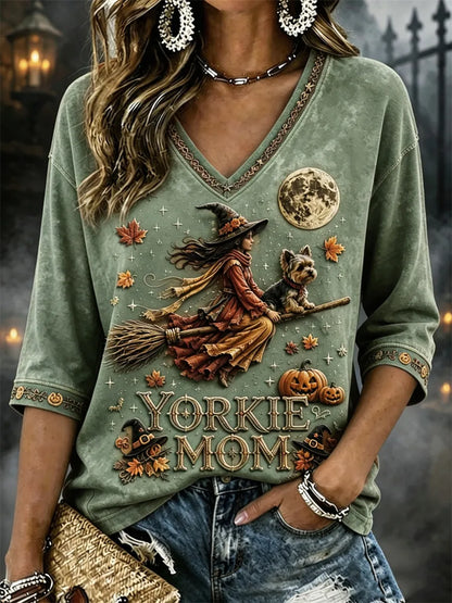 Women's Yorkie Mom Halloween Fall Witch & Dog Print Mid-length Sleeves V-Neck T-Shirt